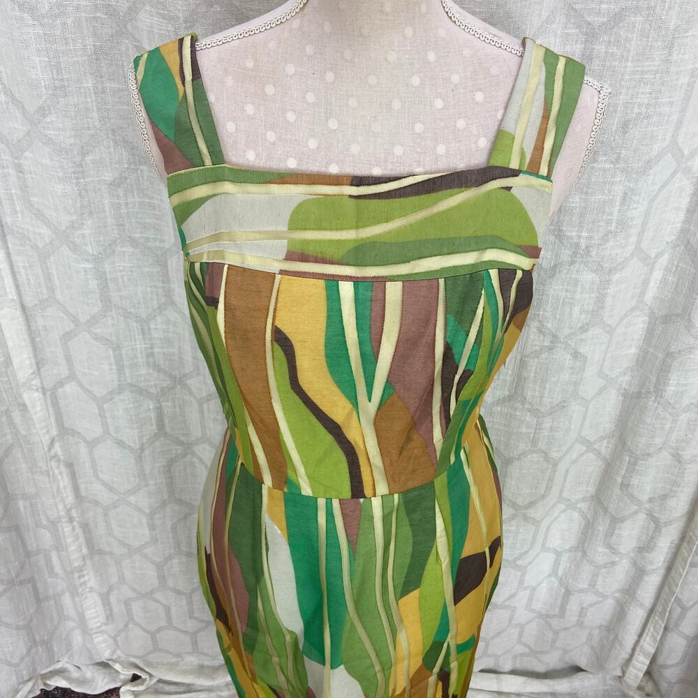 Kay Unger Cocktail Dress Size 8 Green‎ Brown Abstract Linen Blend Semi Formal - Picture 5 of 15